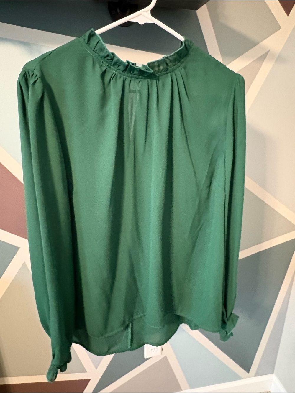 Main Strip Deep Green Ruffled Neck Long-Sleeve Blouse